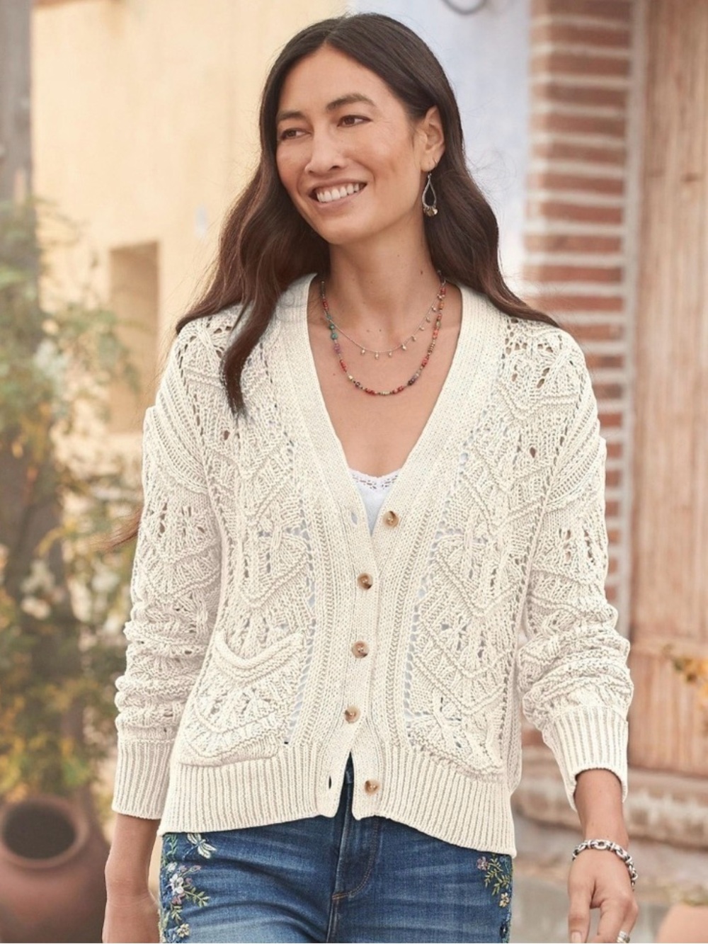 Sundance Aveline Cardigan XS White Cotton Open Knit Button Front Sweater